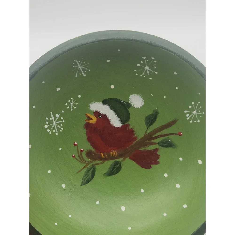 Wooden Bowl Hand Painted Christmas Cardinal Bird Santa Hat 6